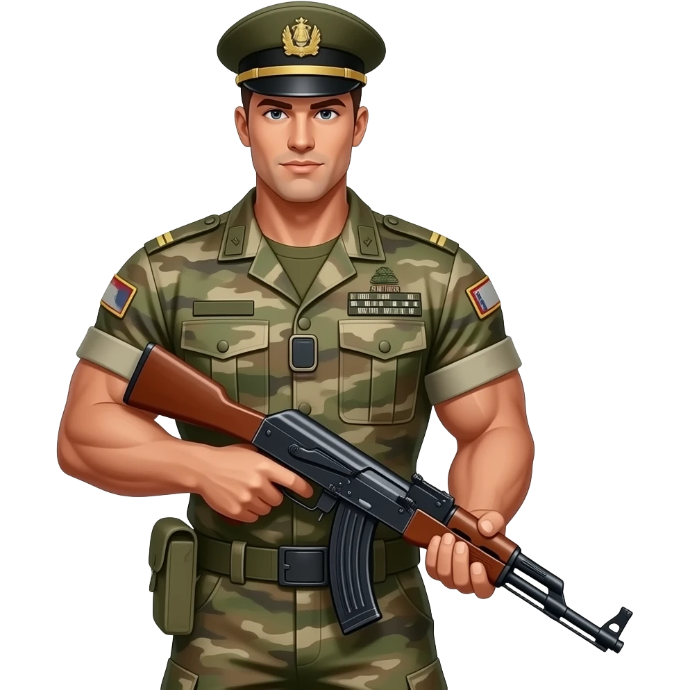 Super buff guy in army uniform holding a AK 47 emoji