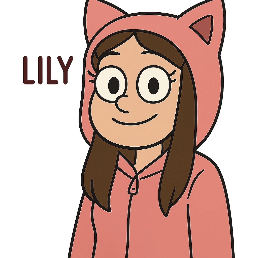 cartoon face of Lily, pink cat onesie hood, big brown eyes, long brown hair, same expression, same line style emoji