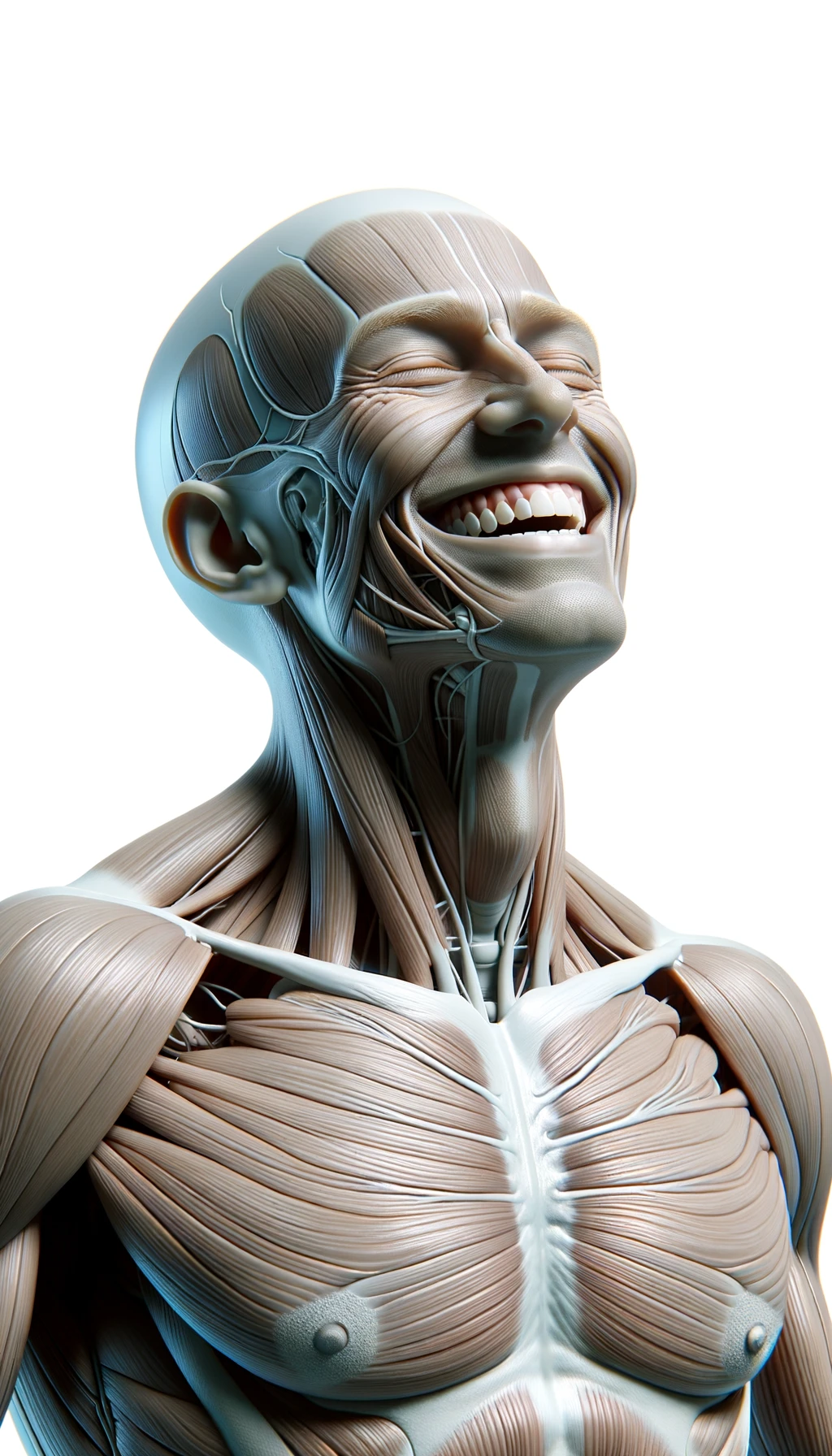corpo umano anatomico a figura intera che sorride rilassato, iperrealistico 4k, isolato su sfondo bianco emoji