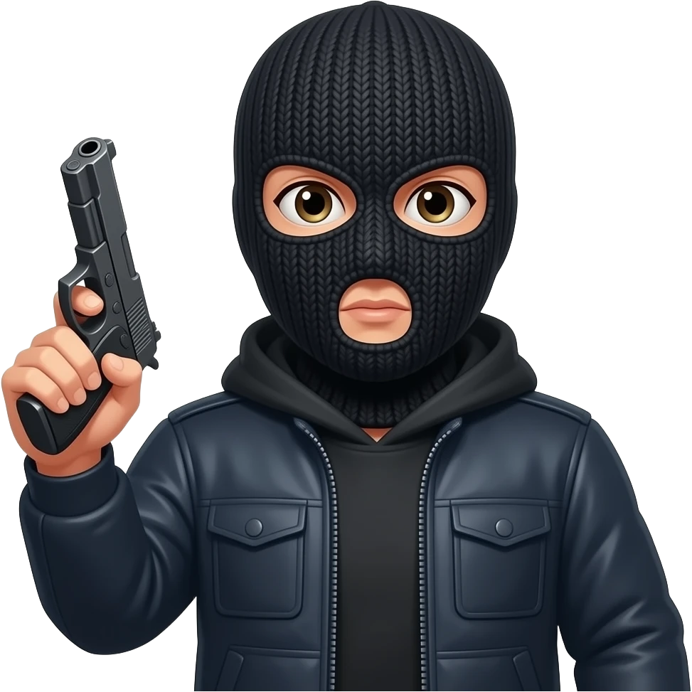 Una persona con pasamontañas en la cara con huecos en los ojos y en la boca con una pistola emoji