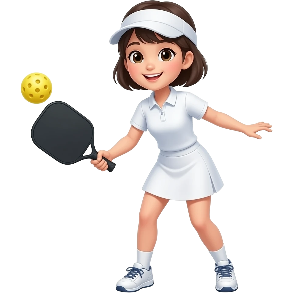 short haired asian girl wearing sun visor, white polo shirt, white skirt, and playing pickleball with black foam paddle emoji