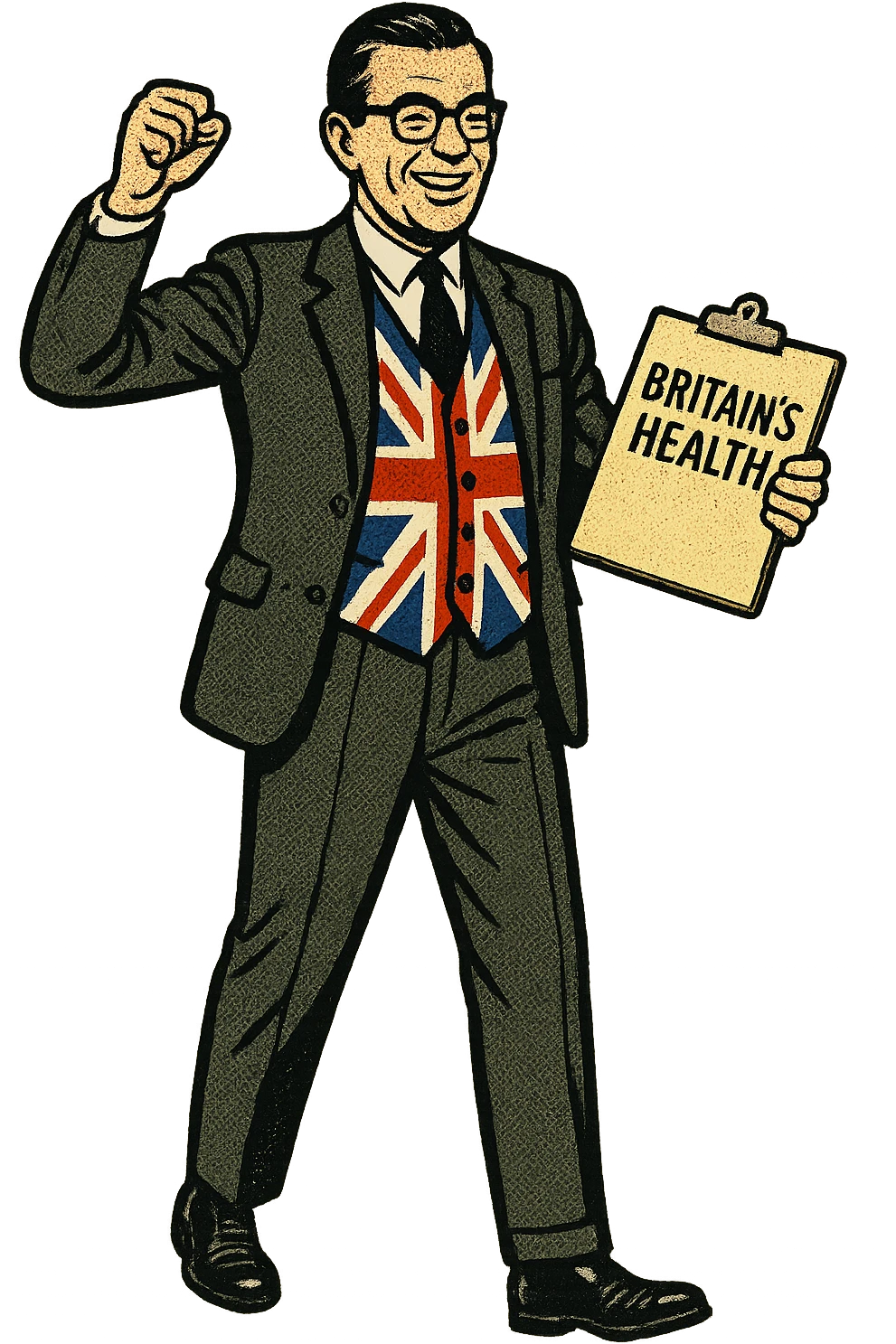 A full body image of a British politician from the 1960s wearing a union jack waistcoat and holding a clipboard with the words 'Britain's Health' written on it. emoji