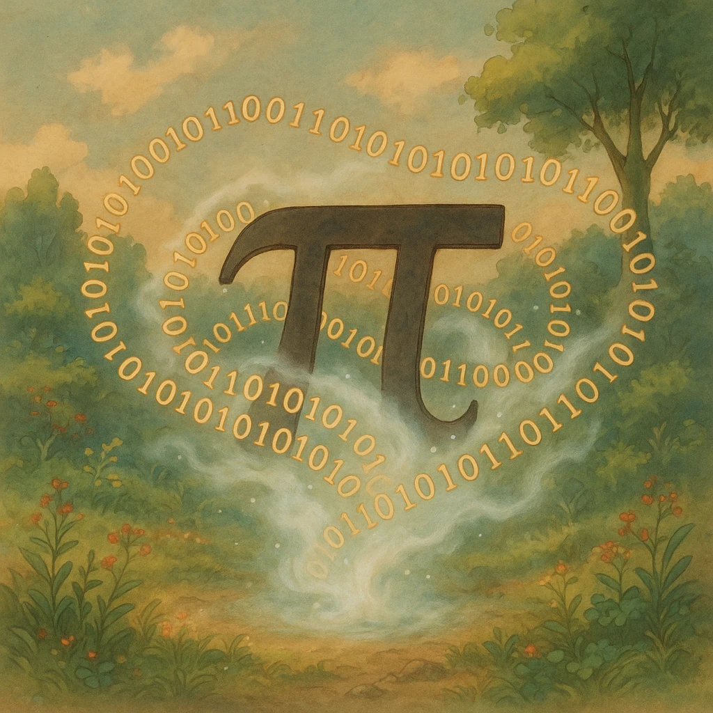  combine the π (pi) math symbol, binary code, and digital mist emerging from it. emoji