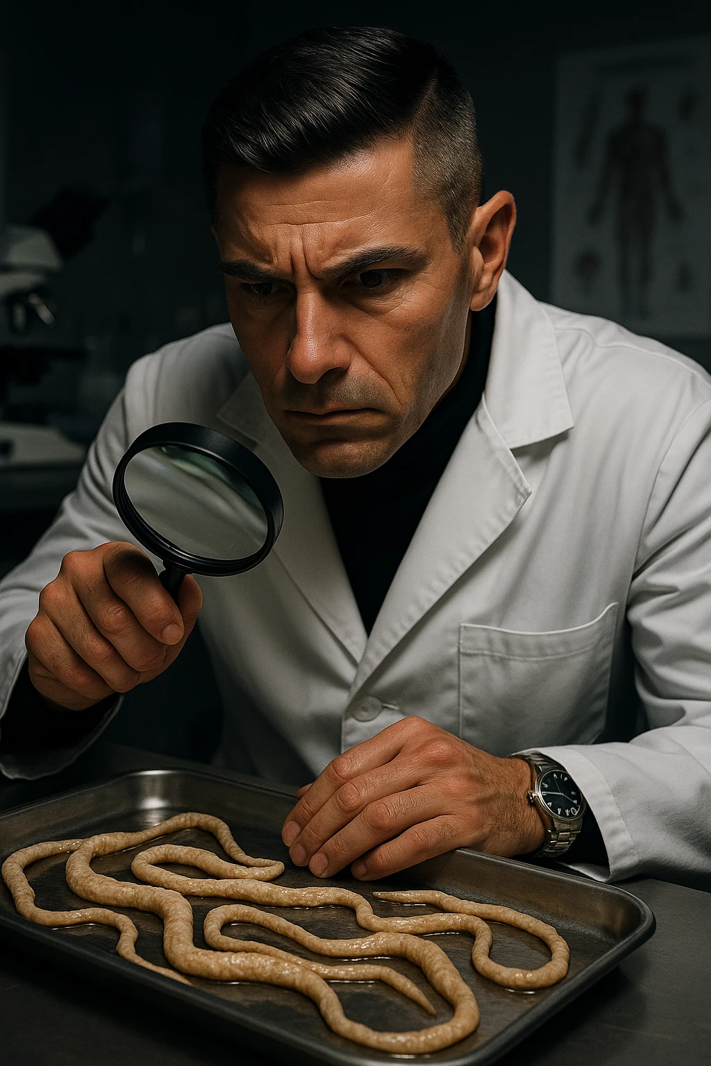 A middle-aged male kinesiologist wearing a pristine white lab coat, intensely analyzing long, beige tapeworms (like Taenia) under a magnifying glass. His expression is focused and slightly concerned, with dramatic studio lighting casting sharp shadows. The parasites are highly detailed, moist, and textured, stretched across a sterile metal tray. The background is blurred but suggests a clinical environment—hints of a microscope, medical charts, and clean lab equipment. The style is hyper-realistic, with a cinematic contrast between the bright white coat and the grotesque, organic forms of the parasites. No sci-fi elements, just raw medical realism with a disturbing edge emoji