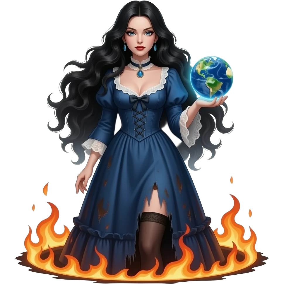 a seductive evil beautiful woman in a long dark blue dirty Victorian dress with a deep neckline carries in her palm a small planet Earth that radiates and steps out of a circle of fire emoji