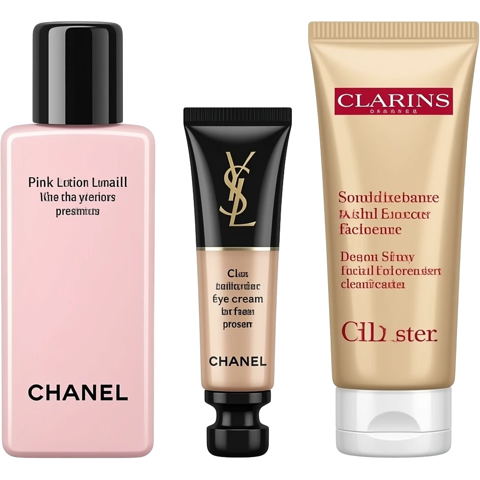 Next to them are a face mask, Chanel Pink Lotion, YSL eye cream, Dior face cream, Clarins Double Serum, and Chanel facial cleanser emoji