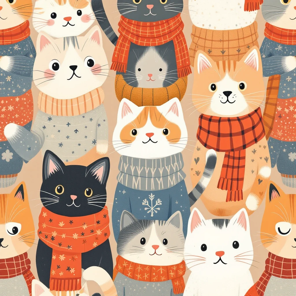 cute cats in scarves and sweaters, seamless pattern, autumn colors, warm and cozy vibe, playful cartoon style emoji