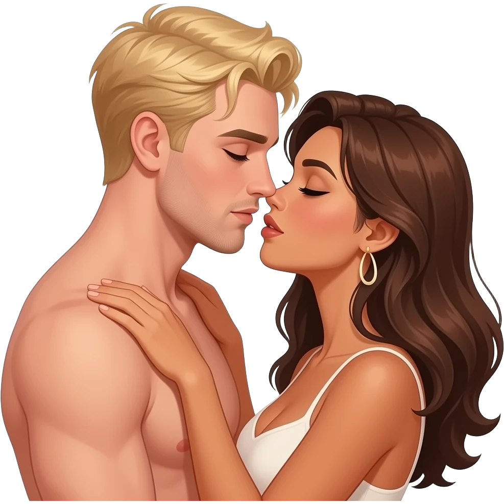 Dirty blonde Man and brown haired woman tanned skin in love sexy steamy more lust emoji