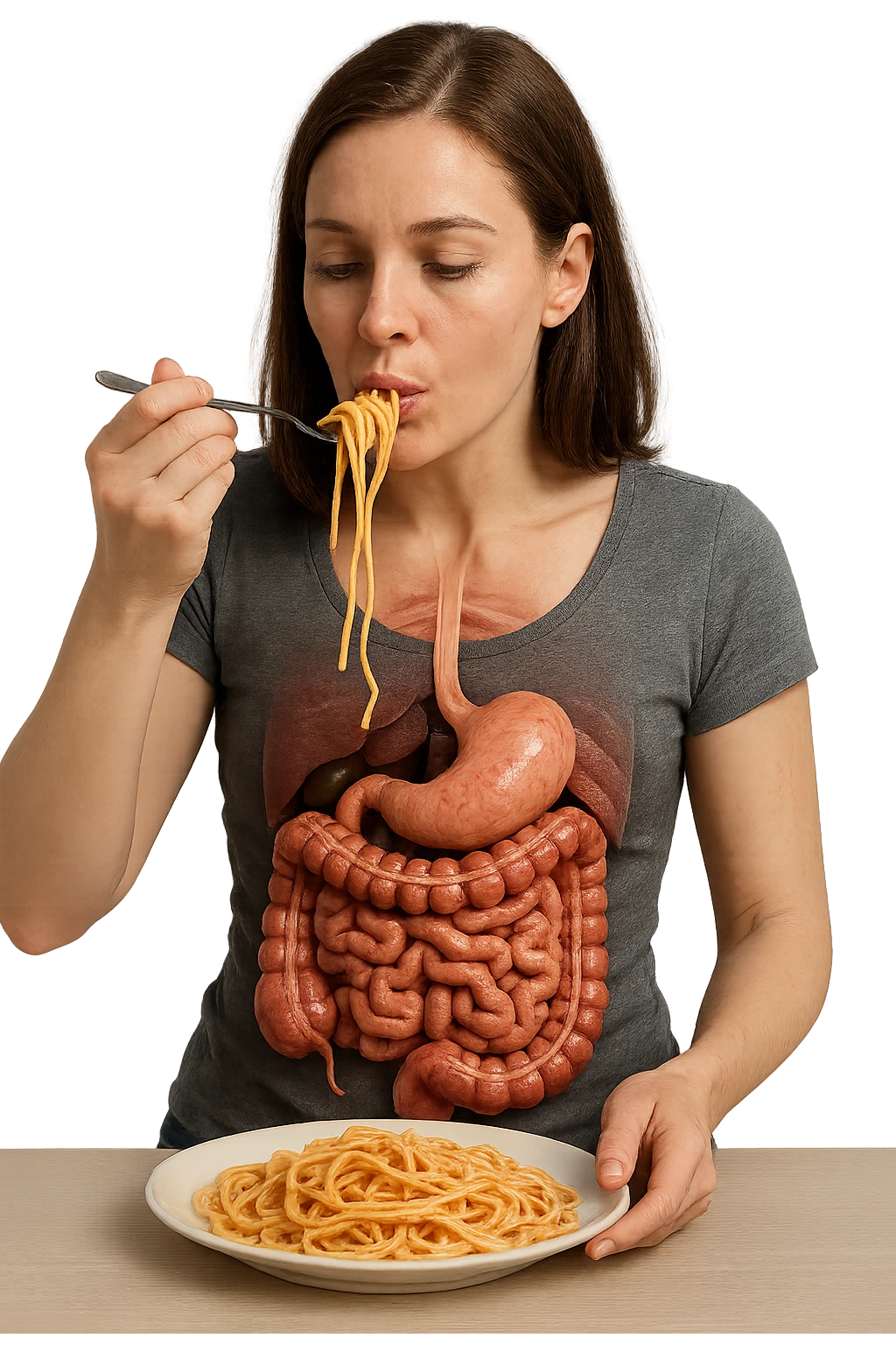 donna con intestino umano anatomico in evidenza che mangia un piatto di pasta, iperrealistico 4k emoji