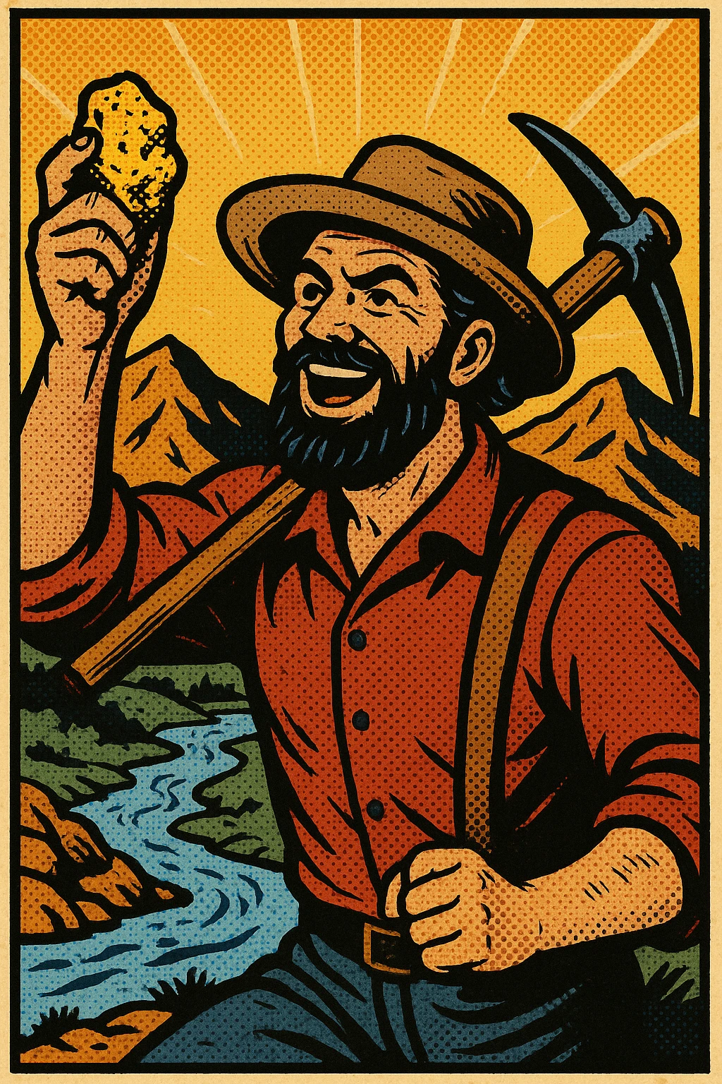 A male gold prospector in the 1840s in California holding up a nugget of gold and carrying a pickaxe.  In the background are mountains and a stream. emoji