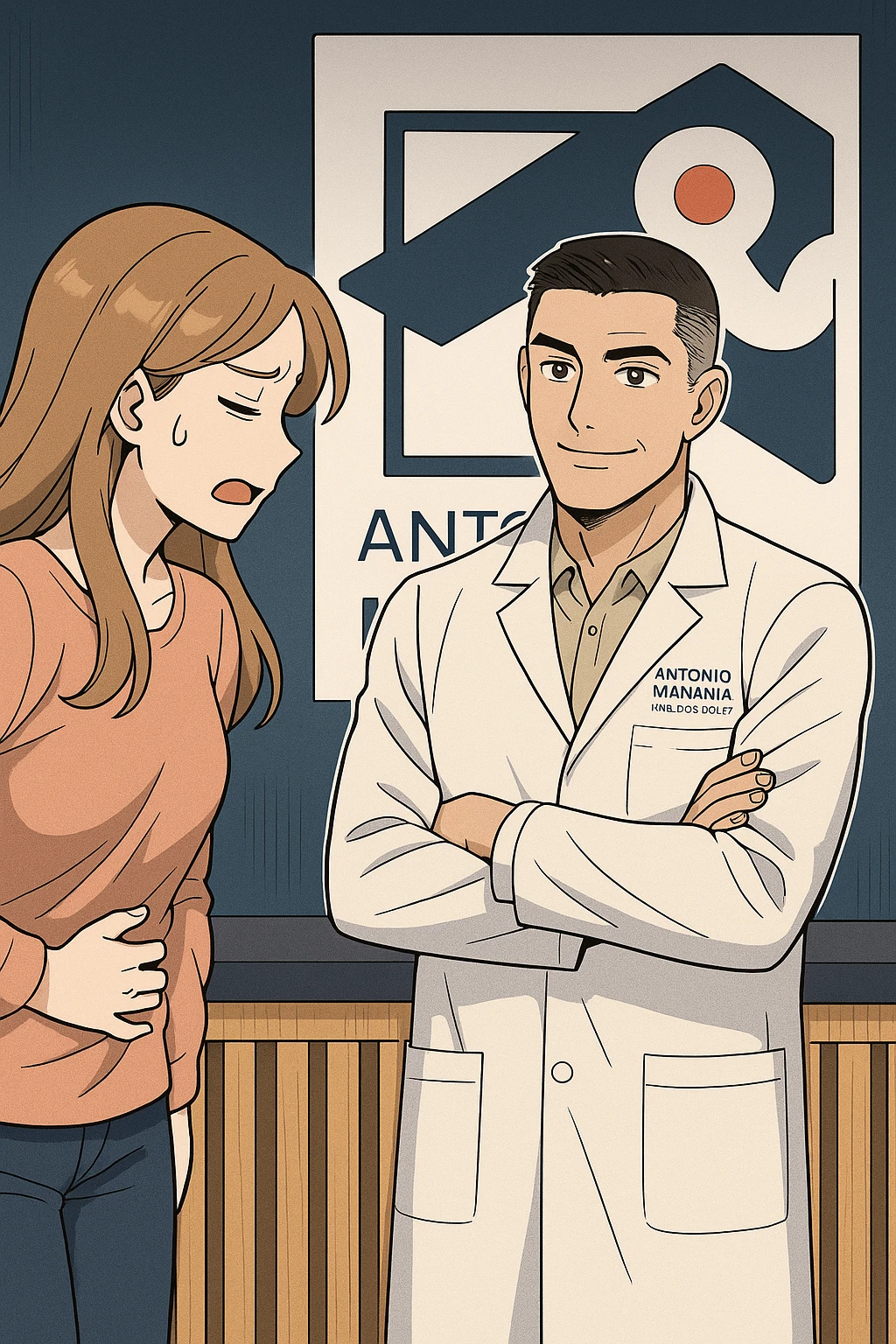 su questo stile fai un manga/webtoon a colori in cui una donna si lamenta che sta male e ha mal di pancia, l'uomo della foto in stile manga gli risponde, mantieni un ambiente simile alla foto che ho allegato con il suo logo (sarebbe il suo studio, lui è un kinesiologo), non mettere fumetti, ma fai in modo che sembri che la donna chiede una cosa e l'uomo risponde alla sua domanda emoji