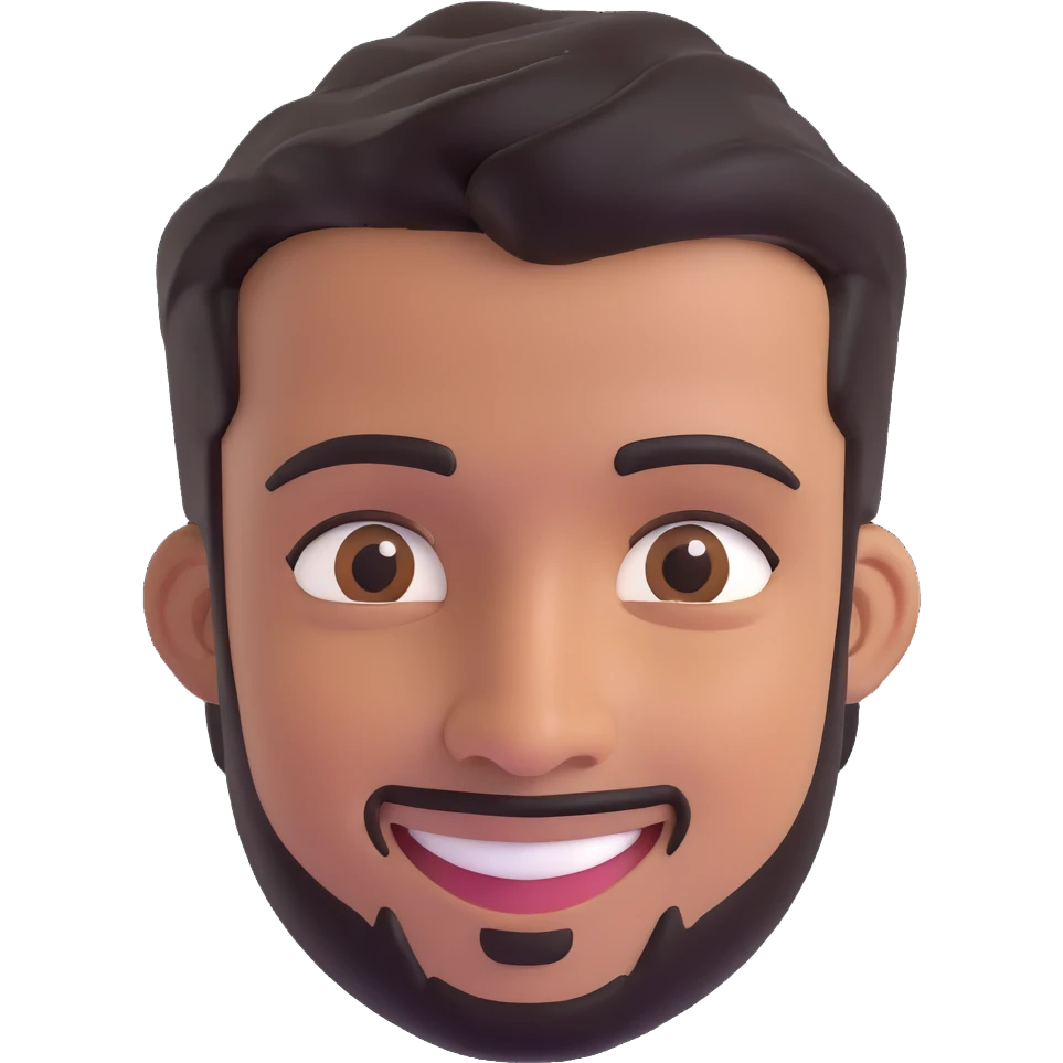 3D Disney-style portrait of a smiling man with medium-dark brown skin, short black hair, neatly trimmed goatee, large brown eyes, defined eyebrows, friendly confident expression, head and face only, no background emoji