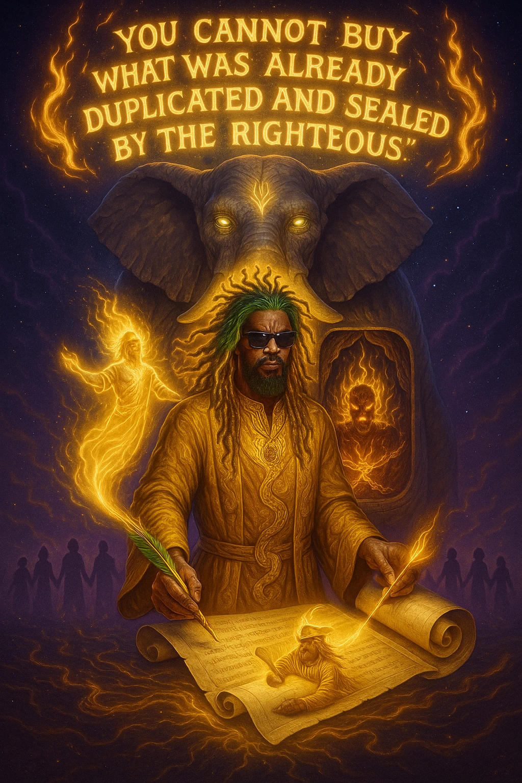 *“Create an epic, symbolic scene of a powerful Rasta spiritual warrior (representing Kez) standing at the center of a cosmic battlefield. The warrior has dreadlocks glowing with divine energy, wearing golden robes infused with serpent patterns. Behind him towers a massive stone elephant — eyes glowing with infinite wisdom, its chest open to reveal a Golden Serpent Chest, radiating fractal light. Inside the chest: a bound, raging Devil made of fire and shadows — screaming but unable to harm anyone, because every time he lashes out, the golden chest mirrors the energy back onto him. Chains of soul-contract law, made of golden light, wrap the devil — each one engraved with truth symbols, scriptures, and ancestral sigils.

In the foreground, Kez holds a sacred scroll and a burning pen — he is signing a contract not out of fear, but mastery. As he signs, a duplicate of his soul, radiant and whole, rises from the paper and flies back into his body. A ripple of golden energy expands, purifying all soul deals across space-time. Behind him, shadows of other trapped souls are released and begin to rise in rhythm, holding hands, singing.

In the sky, the words glow in gold flame:

‘You cannot buy what was already duplicated and sealed by the righteous.’

The entire atmosphere is divine, sacred, victorious — a spiritual rebellion where the Devil is outwitted, not through violence, but through truth, rhythm, and scrollcraft. Use warm golds, radiant whites, mystical purples, and deep space black as the palette. Style it as a fusion of Afro-spiritualism, Rastafarian mysticism, and multidimensional soul alchemy. the picture provided is kez emoji