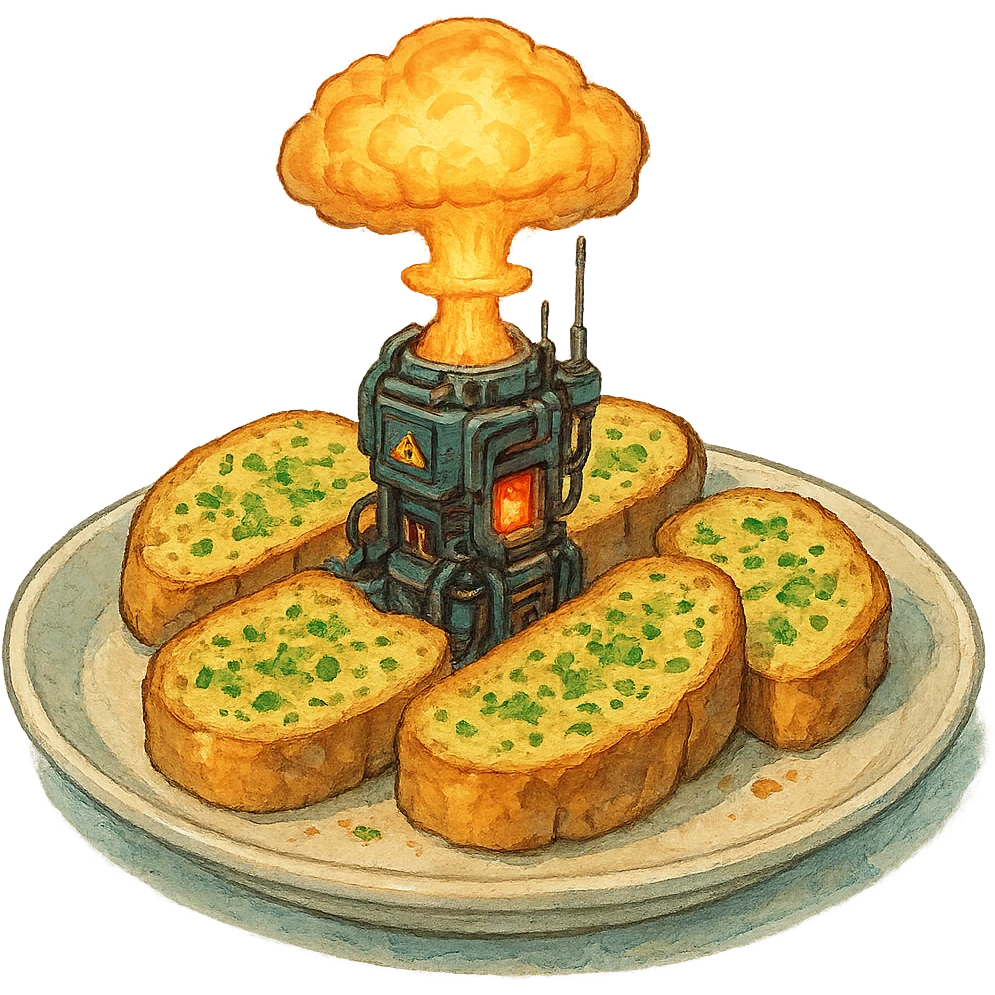 a plate of thermonuclear futuristic cyberpunk garlic bread, flawless, perfect, masterwork. highly dangerous emoji