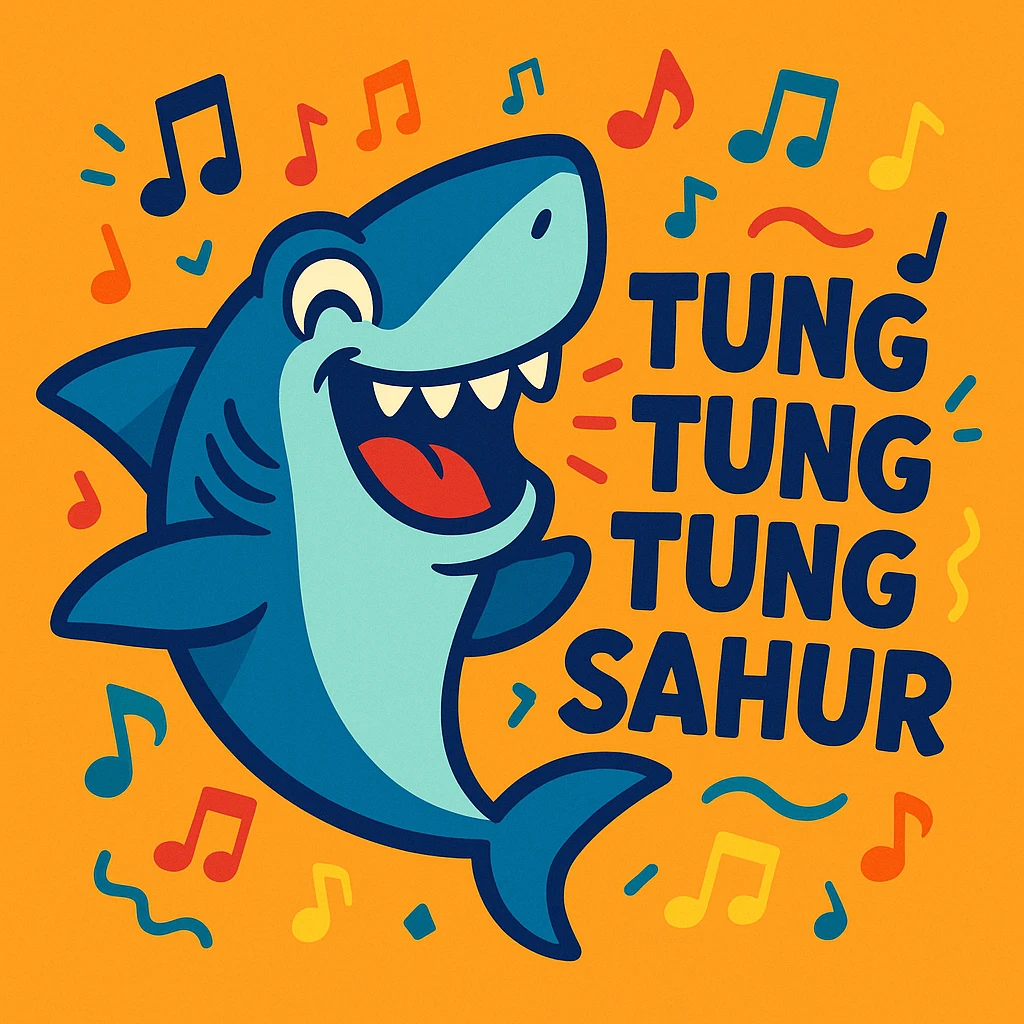 playful shark (akula) with musical notes and the phrase 'tung tung tung sahur', vibrant and fun, cartoon style emoji