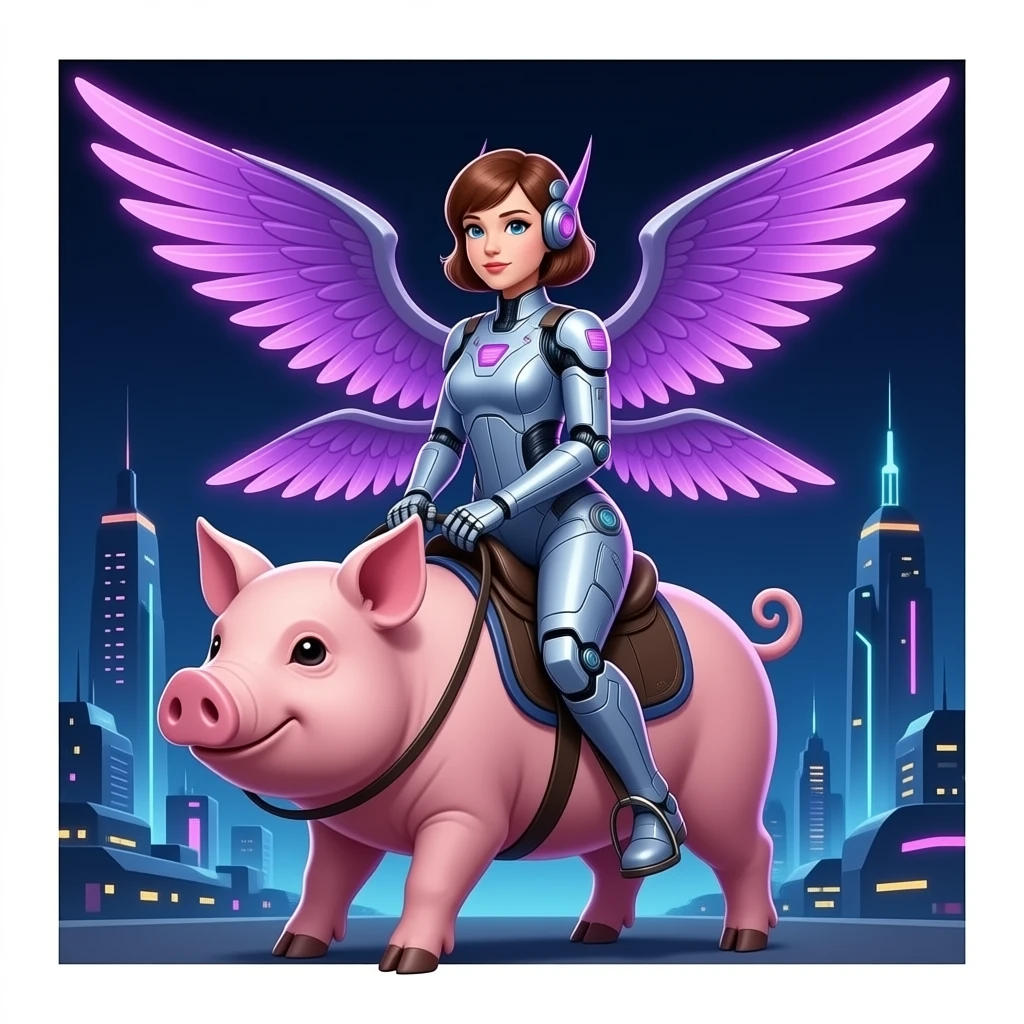 Woman with sci Fi cloths but non-robot riding a pig with four purple glowed wing in sci Fi city emoji