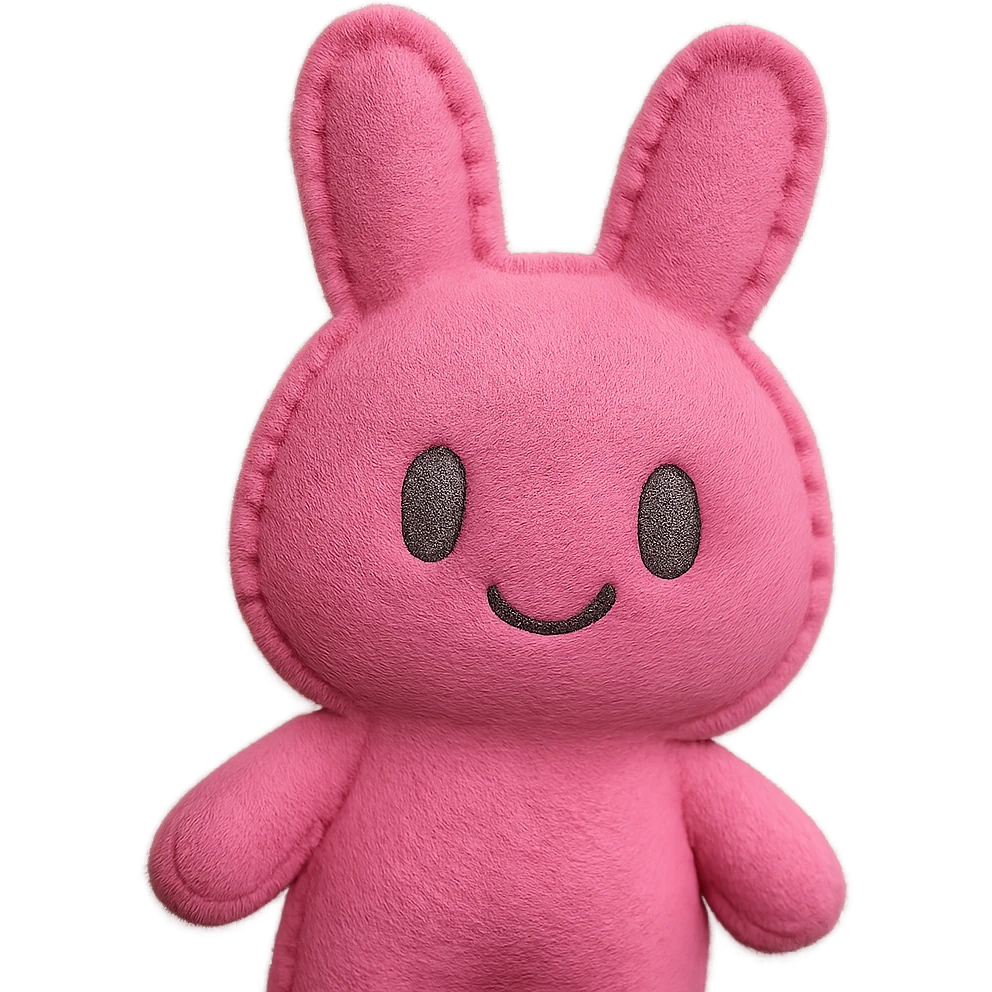 Extract the pink bunny plushie exactly as it appears in the original image, preserving all original details, colors, and face, with a transparent background. emoji
