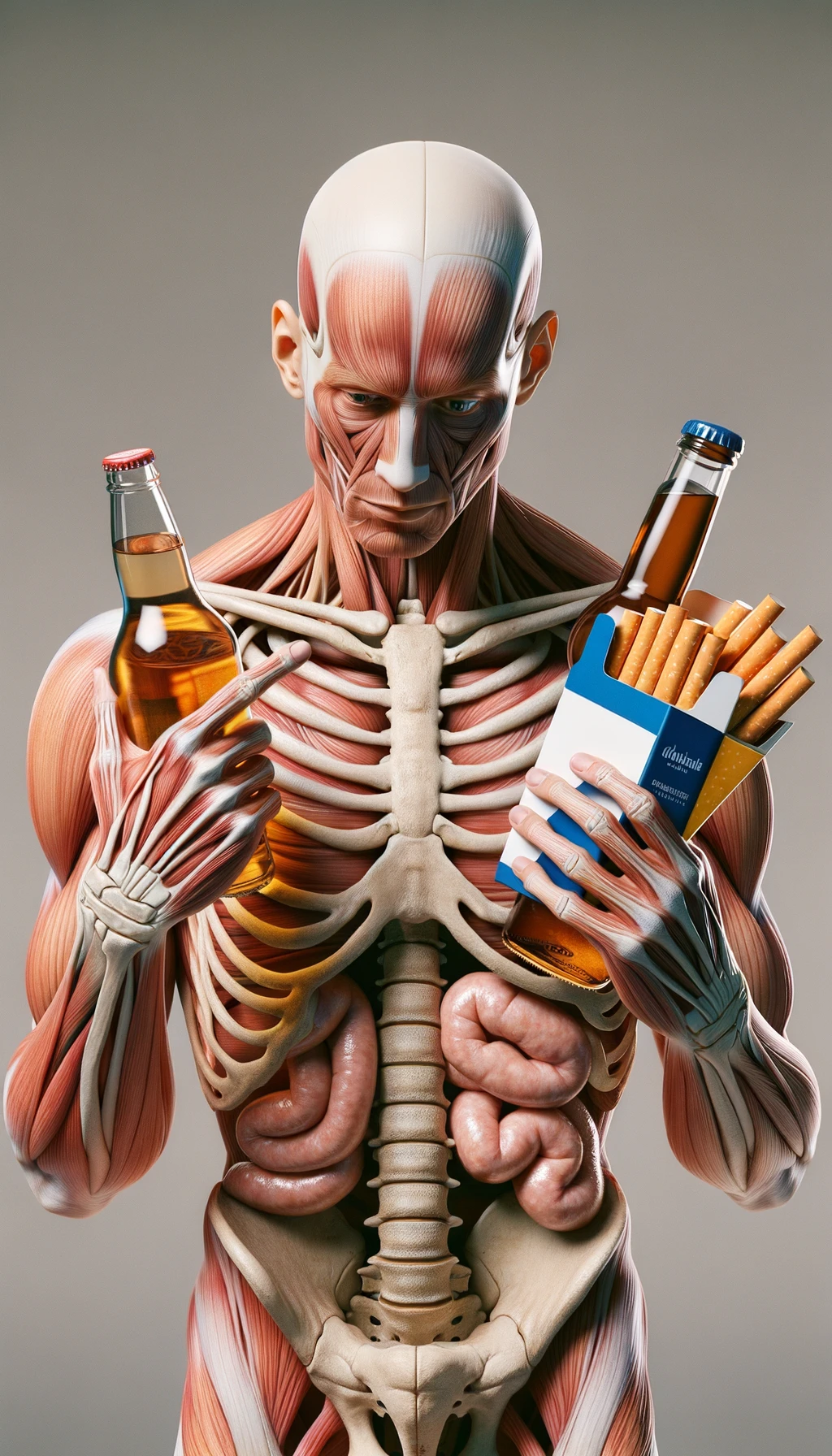 CORPO UMANO ANATOMICO CHE TRA LE BRACCIA SIGARETTE, ALCOL E WURSTEL CONFEZIONATI, LI GUARDA CON ESPRESSIONE INDECISA IN VOLTO, NEUTRAL CLEAR BACKGROUND, iperrealistico 4k emoji