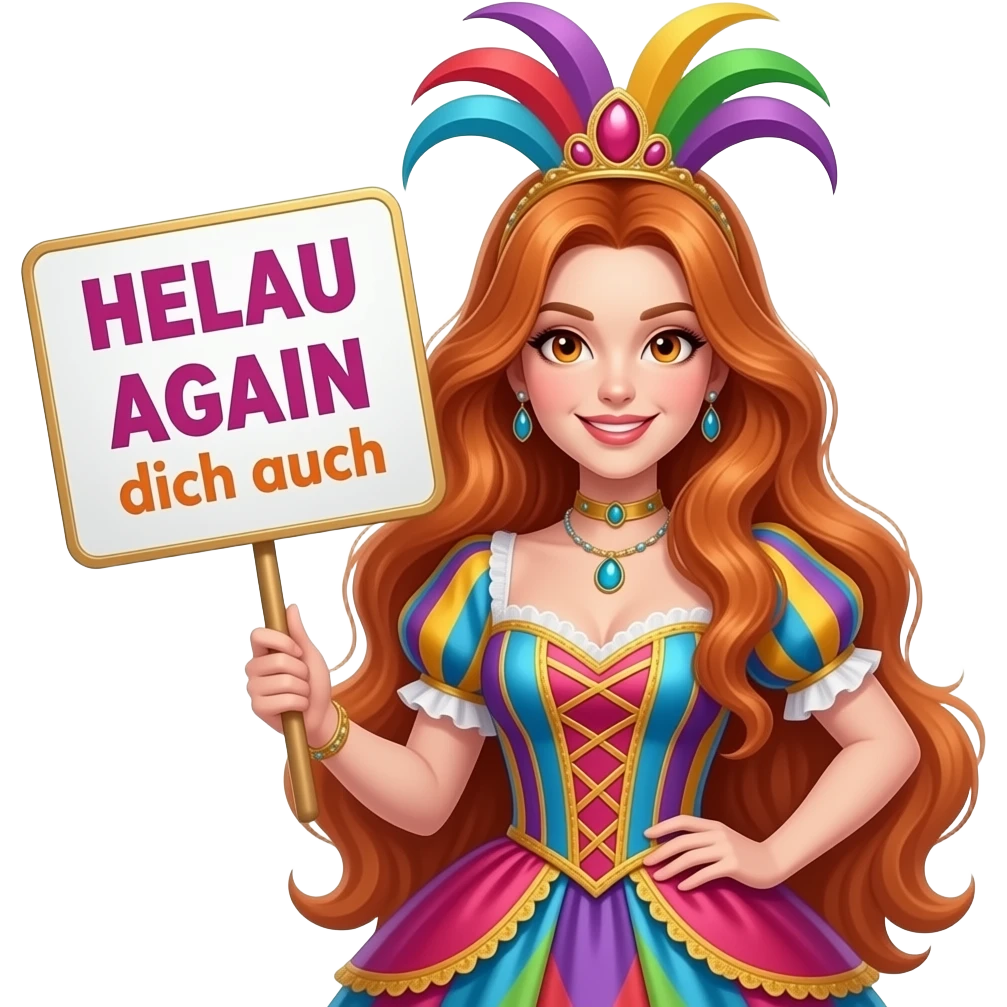 sexy girl with overlong ginger hair and ginger eyes wearing a carneval dress holding a HELAU AGAIN dich auch sign emoji