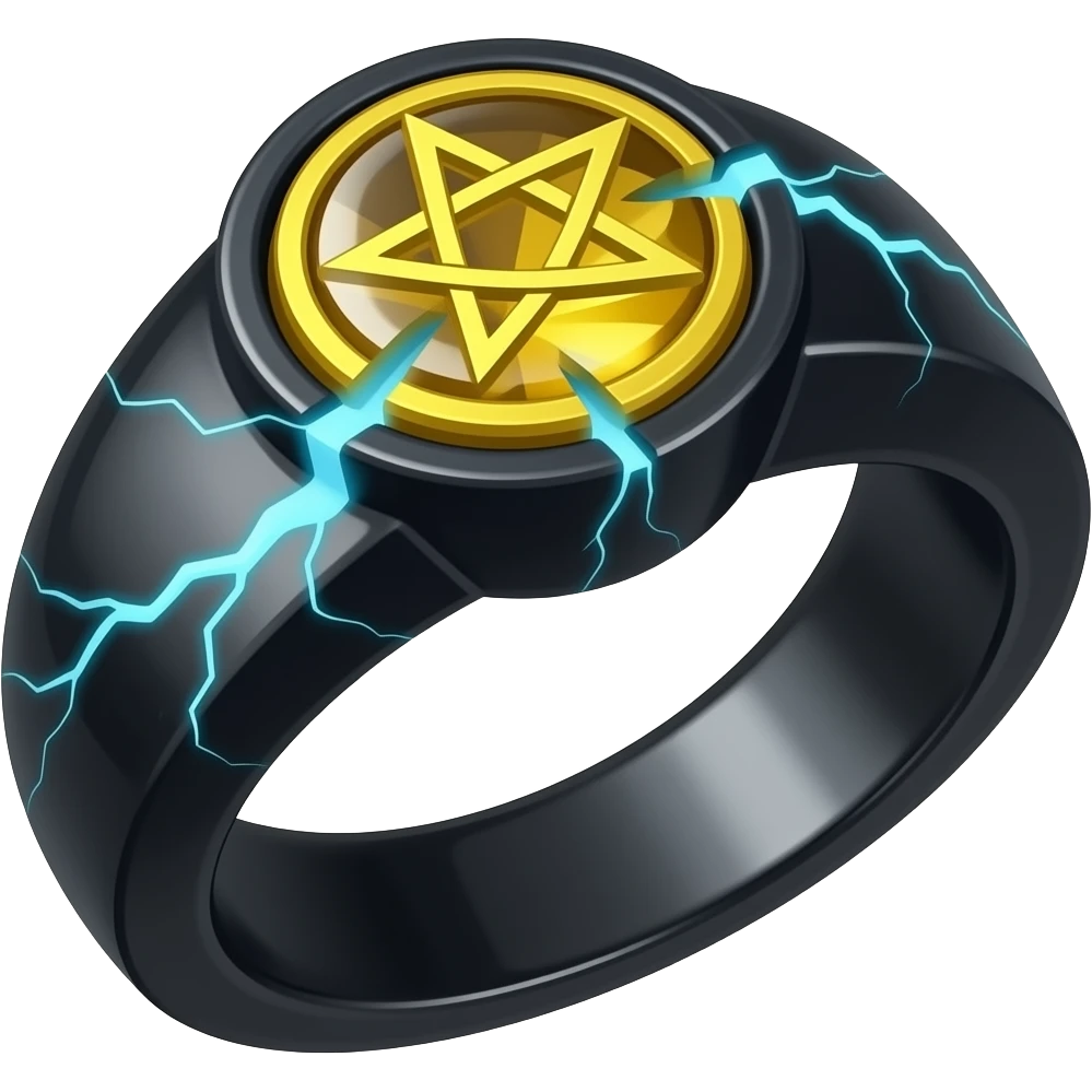 A obsidian ring with a BIG yellow gem, that has a pentacle carved into it, and a crack goin through it glowing light blue emoji