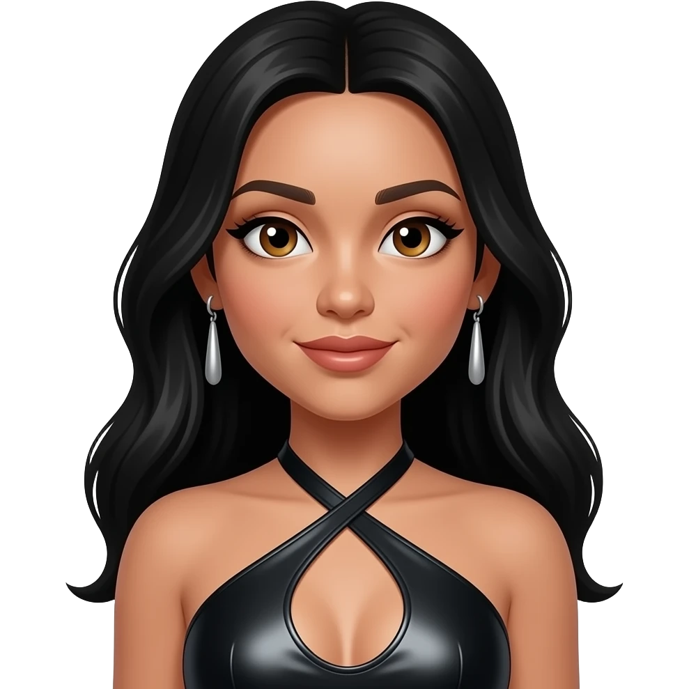 Kiely Williams from 3lw with hazel eyes, long black hair, black metallic halter dress, silver earrings emoji