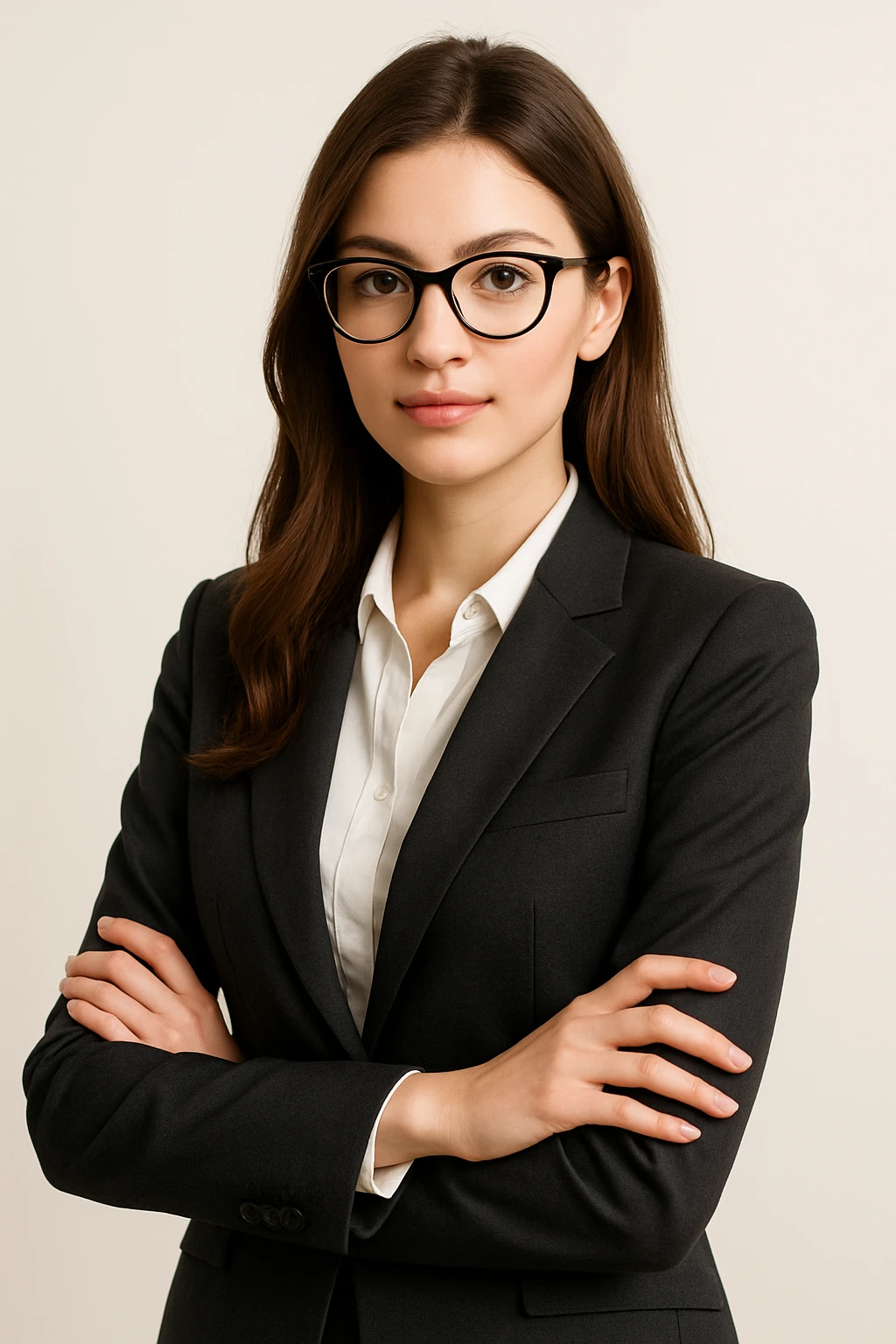 a pretty girl with glasses, wearing a suit, professional and stylish, minimal background emoji