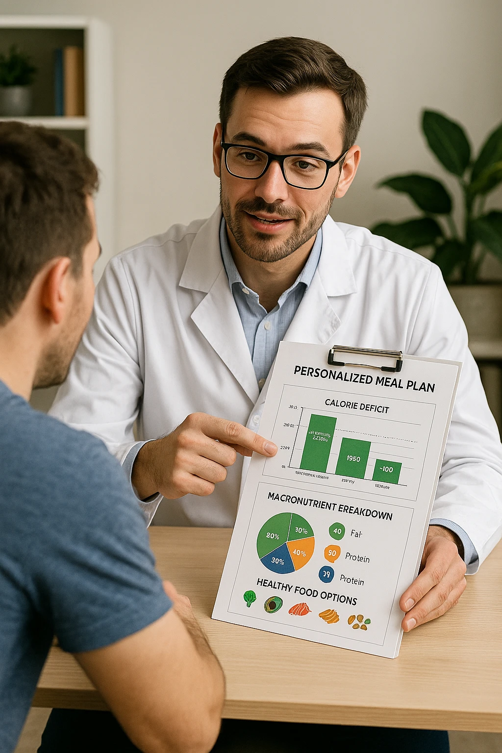 a nutritionist sits at a desk with a client, showing a personalized meal plan and a chart that clearly displays the client’s specific daily caloric deficit. The nutritionist points to the chart, which includes recommended calories, macronutrient breakdown, and healthy food options. The mood is professional, supportive, and educational. in italiano emoji