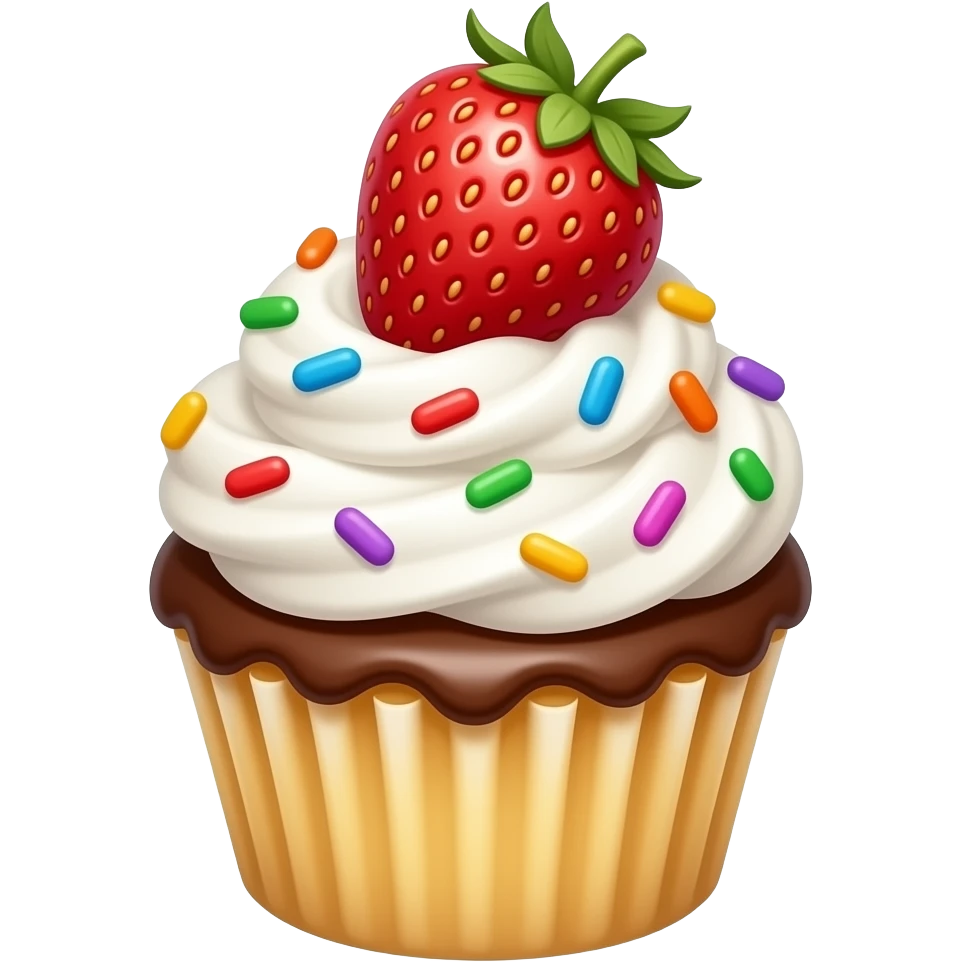 A cute cupcake with fluffy white whipped cream, rainbow sprinkles, and a whole strawberry clearly placed on top of the cream (not embedded, not covered), fully visible strawberry emoji