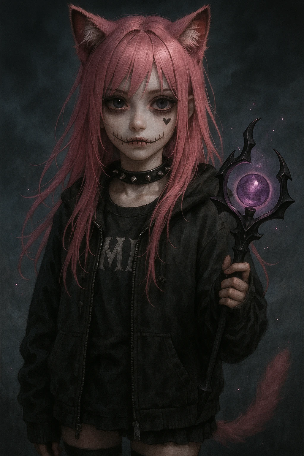 realistic anime catgirl with pink hair, emo streetwear, heart tattoo under left eye, dark magical accessory, sparkles, stormy background, stitched mouth horror look with stitched lips, haunted eyes, pale skin emoji