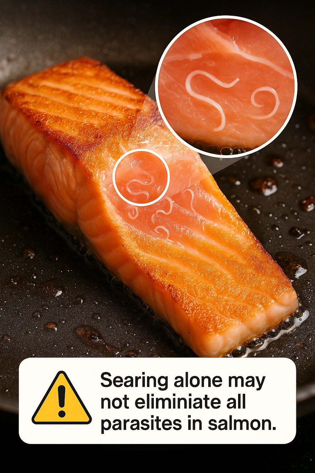 a close-up of a salmon fillet being lightly seared in a hot pan, with the outer layer cooked but the inside still raw. An inset magnifies the interior, showing visible Anisakis parasites surviving in the uncooked portion. A warning icon and educational text explain that searing alone may not eliminate all parasites. emoji