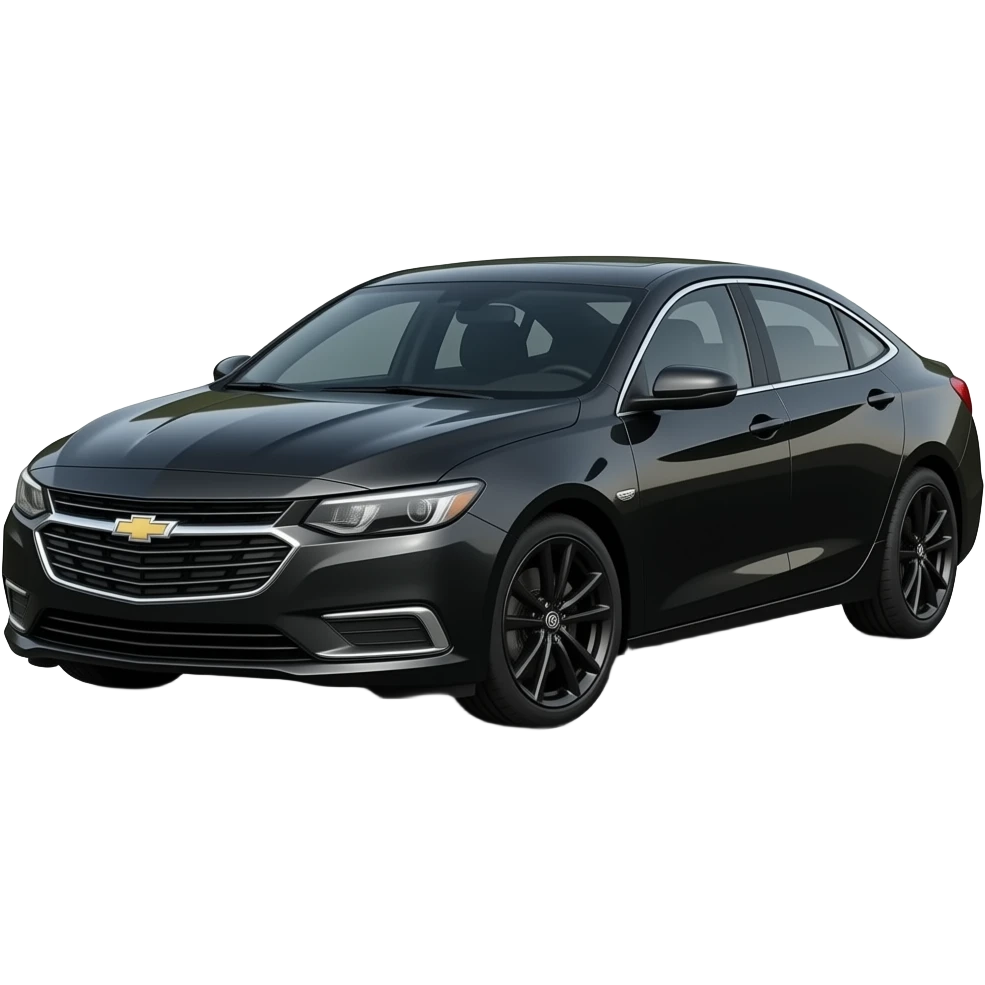 A realistic, high-detail photograph of a glossy black Chevrolet Malibu 2 Turbo Premier sedan with tinted windows and black alloy rims. emoji
