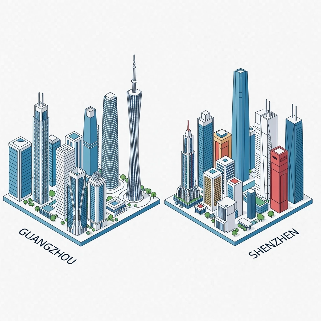 Isometric minimalistic illustration of Guangzhou and Shenzhen, subtle 3D miniature effect and Tilt Shift effect, no cartoonish look, transparent background. emoji