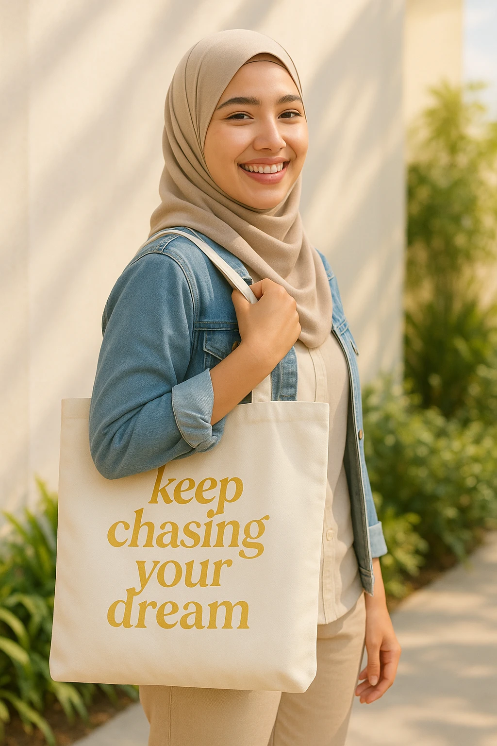 A beautiful, smiling hijabi girl with a tote bag. The bag has 'keep chasing your dream' in soft gold color text, radiating positivity and encouragement. emoji