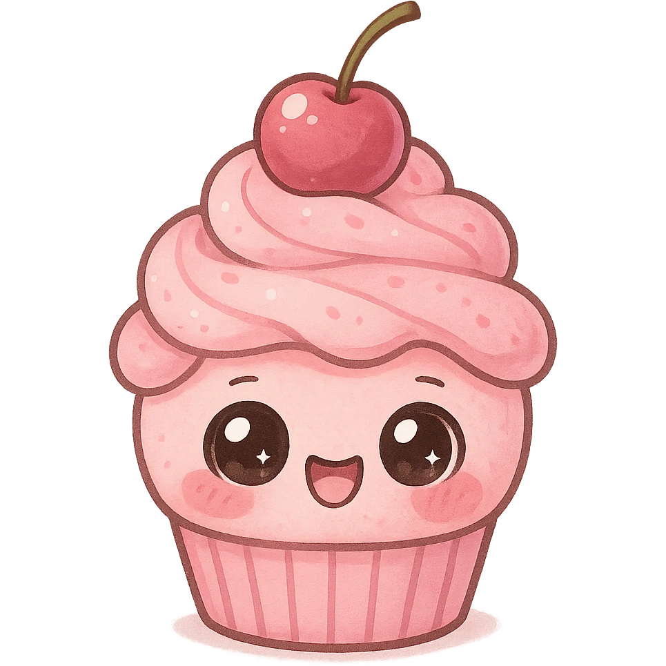 a cute pink cupcake with a cherry, original design, big eyes, blushing cheeks, joyful emoji