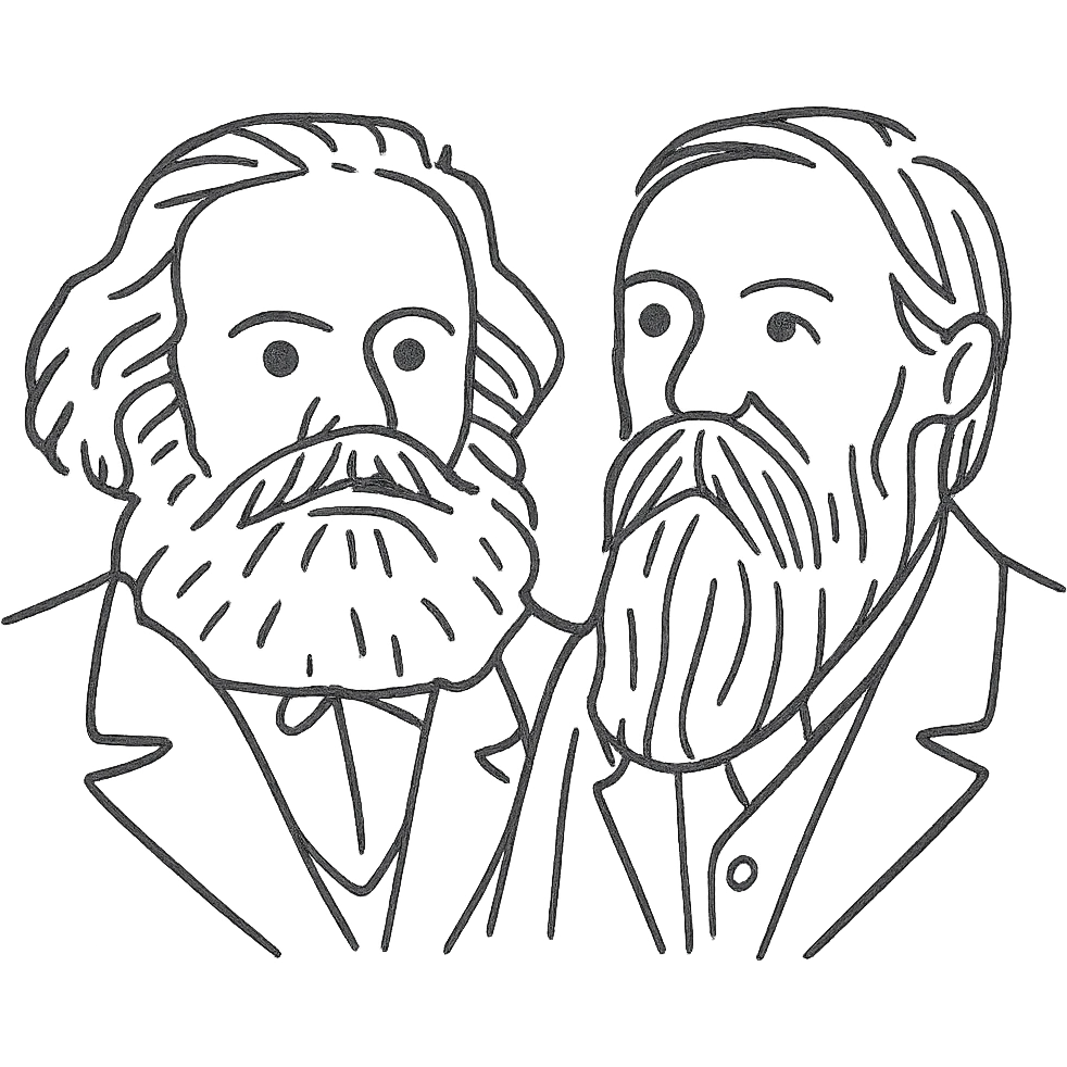 a black outline portrait of Karl Marx and Engels together based on a famous portrait of them, with eyes the same size and noses less abrupt emoji