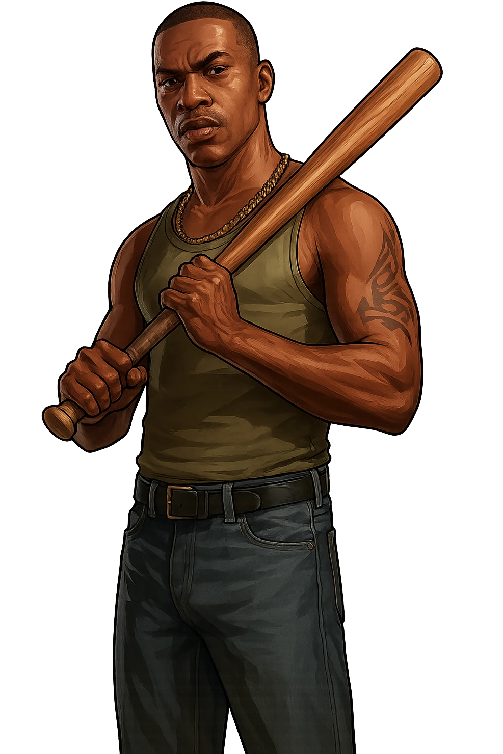 Carl Johnson (CJ) from GTA San Andreas in GTA5 art style, holding a baseball bat, streetwise look, detailed, no background emoji