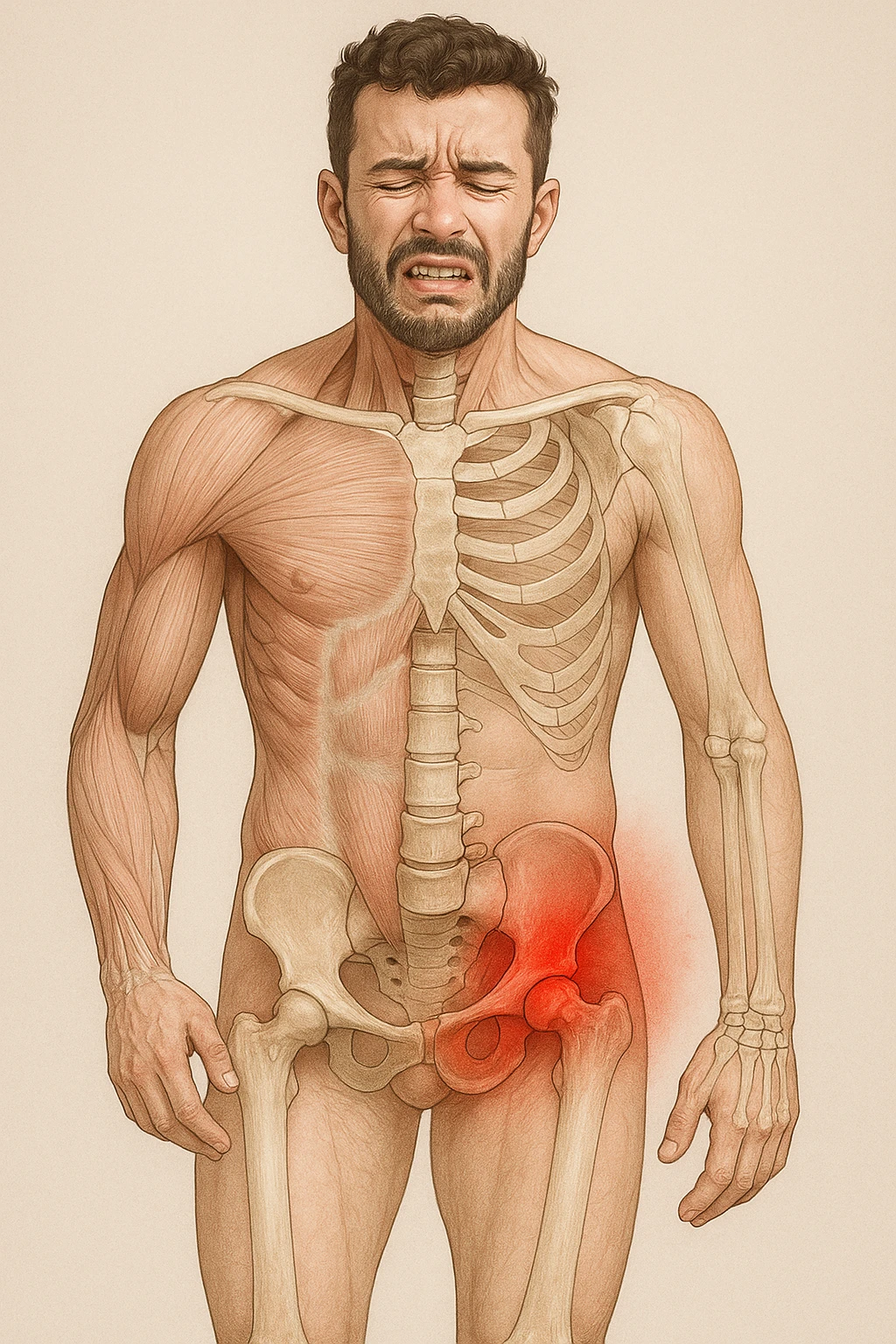Uomo con dolore per via dei suoi fianchi asimmetrici vista anatomica immagine realistica in 3D emoji