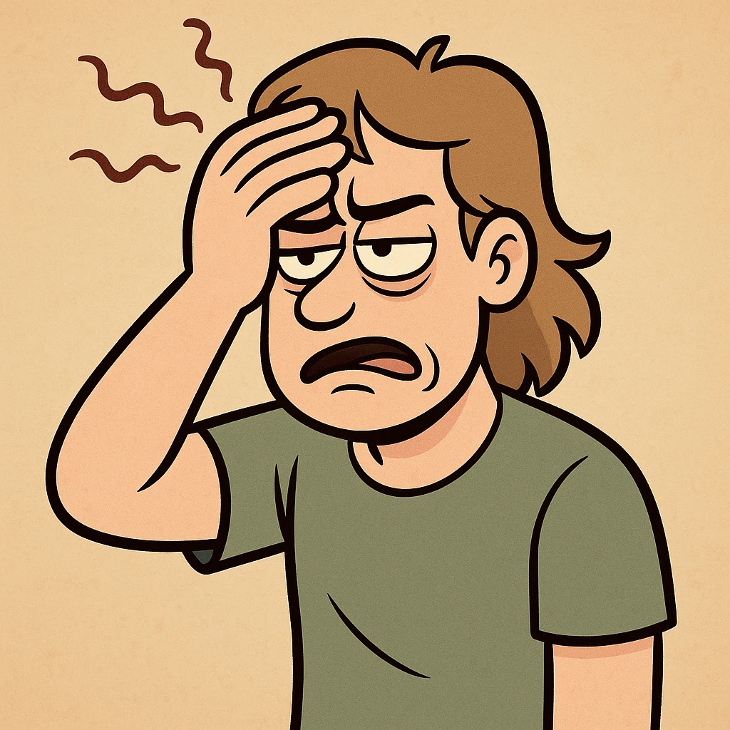 persona con dolor de cabeza, estilo cartoon simple, expresión de molestia, mano en la frente, líneas onduladas sobre la cabeza para indicar dolor emoji