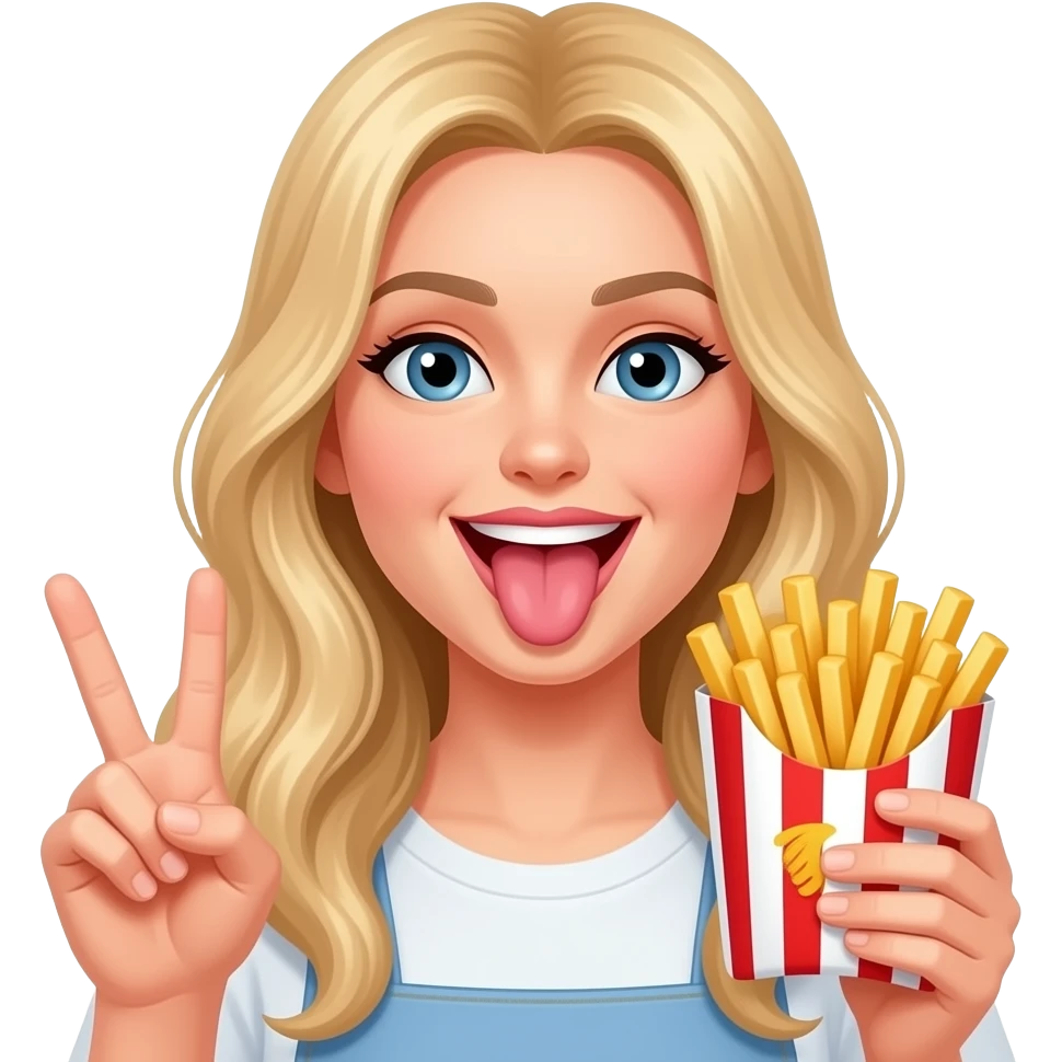 Blonde lady holding french fries throwing up peace sign sticking out tounge emoji