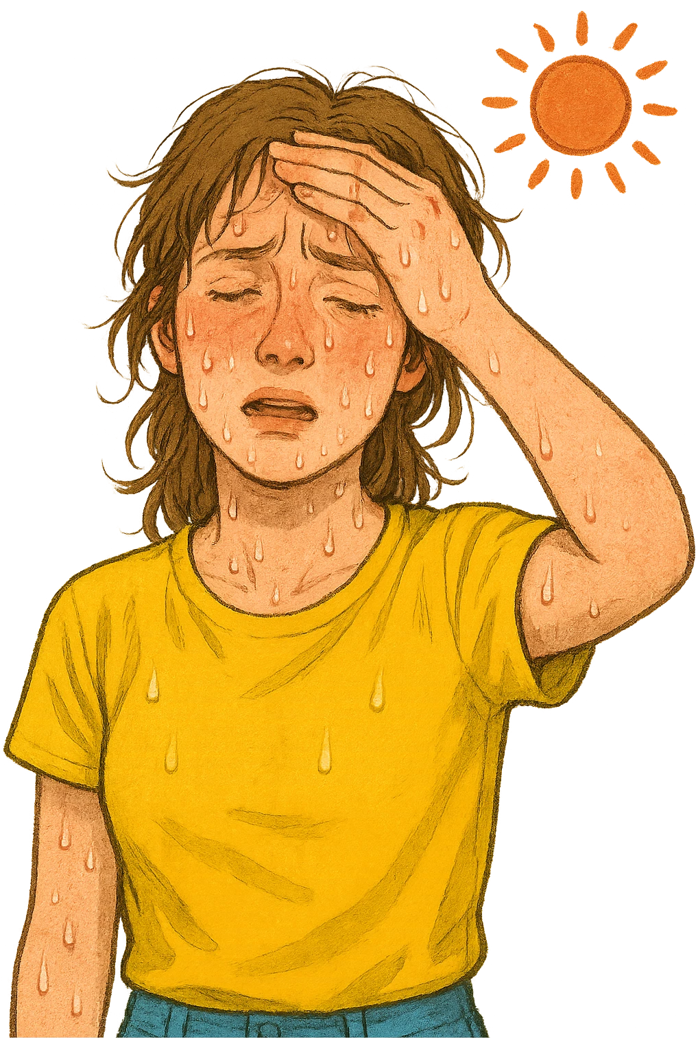 A woman suffering from heat exhaustion, sweating and showing a tired expression, summer atmosphere, face flushed and exhausted, slightly messy hair, wearing bright casual clothes, simple or transparent background emoji