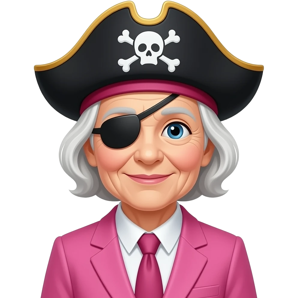 old woman wearing pink suit and only pirate hat emoji