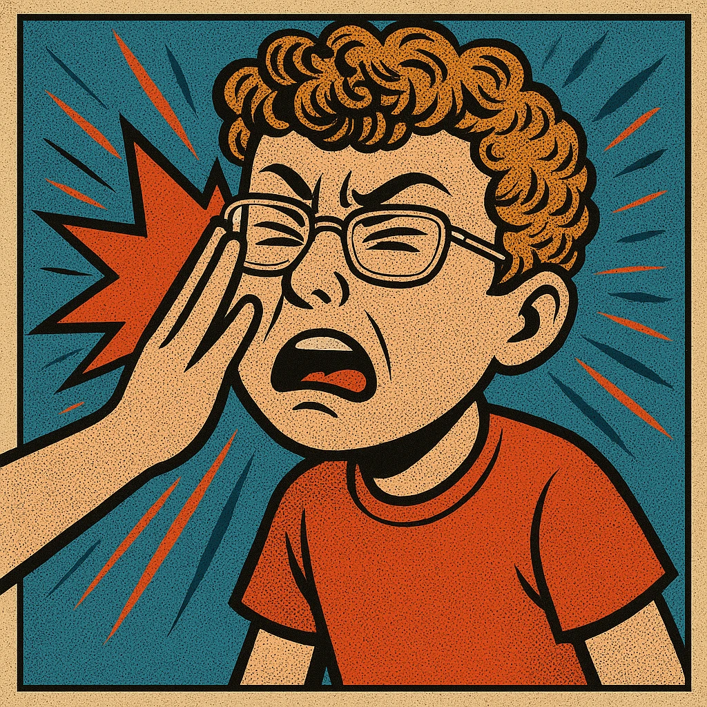 Make the boy look more like the reference photo with curly light brown hair, glasses, fair skin, and similar facial features in an expressive cartoon style. Depict him getting slapped in the face with dynamic motion lines to emphasize the action. emoji