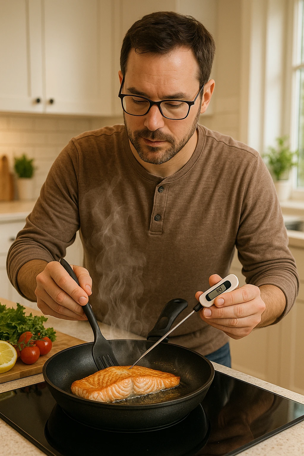 Uomo tra i 30 e i 45 anni in cucina moderna, concentrato mentre cucina un filetto di salmone fresco in padella. Si vede il vapore che sale, la superficie del salmone dorata e ben cotta. L’uomo usa utensili puliti, termometro da cucina nella mano sinistra per controllare la temperatura interna. Sullo sfondo, atmosfera luminosa e pulita, messaggio visivo implicito di sicurezza alimentare e buona pratica. Stile realistico e rassicurante, colori caldi e tono domestico. emoji