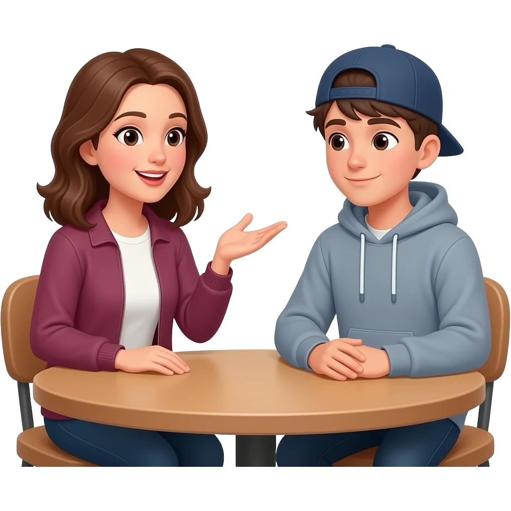 Adult woman brown hair talking to adult man dark hair, sitting at a table next to a teenager wearing a cap and a large sweatshirt emoji