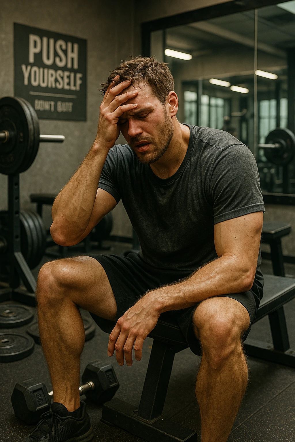 uomo in overreaching in palestra per il troppo volume di allenamento emoji