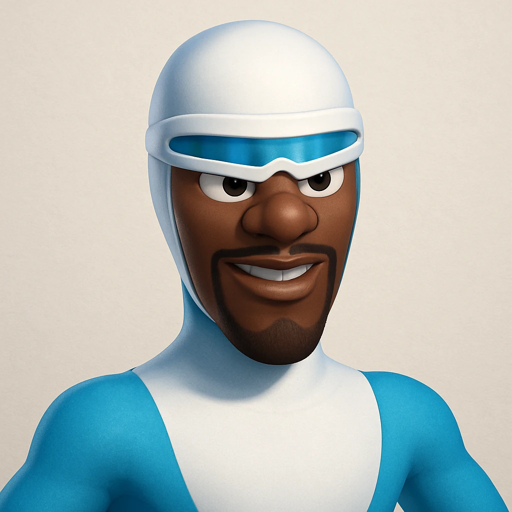 Frozone superhero, memoji style, blue and white costume, goggles, expressive face emoji