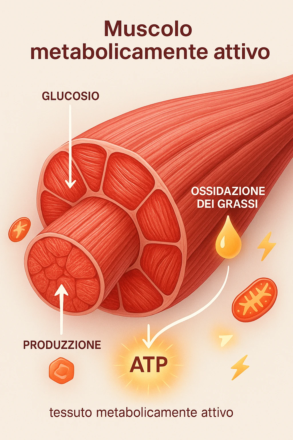 a highly detailed cross-section of human skeletal muscle fibers, shown in vibrant red and pink tones, with visible striations and realistic texture. Glowing arrows and animated icons represent active metabolic processes—such as glucose uptake, fat oxidation, and ATP production—occurring within the muscle tissue. Surrounding the muscle, floating symbols for mitochondria and energy highlight its metabolic activity. The background is clean and clinical, with subtle labels and infographics explaining that muscle is a metabolically active tissue. The overall style is modern, scientific, and visually engaging, suitable for educational or medical use. in italiano emoji