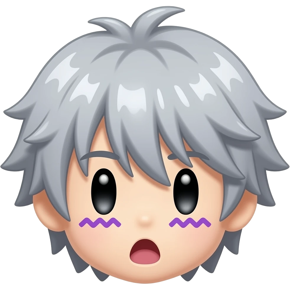 Chibi anime emoji, silver hair, dark vertical shadow over eyes, tiny 'o' mouth, purple wavy stress lines, shocked expression. emoji