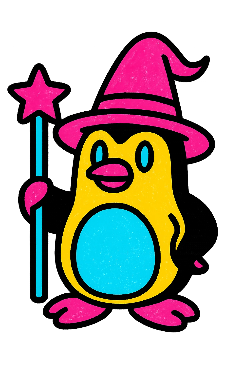 A penguin wizard with a wizard hat and a magic staff. emoji