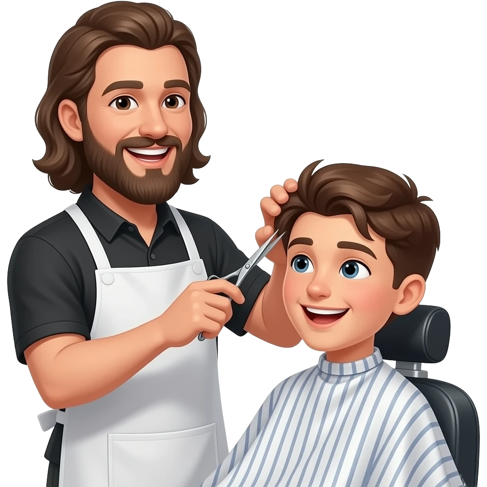 A barber with long hair and a beard is cutting the hair of a brown-haired teenager while they talk. emoji